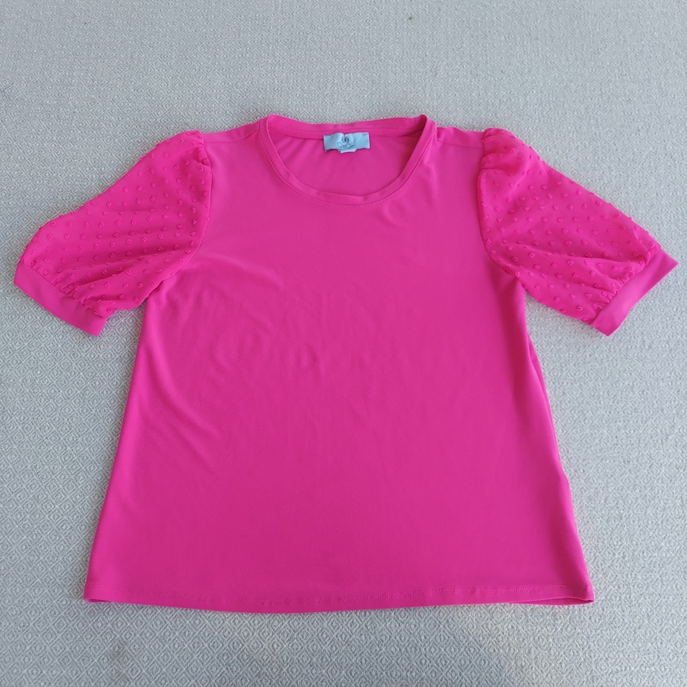 CeCe Top Women Small Pink Puff Sleeve Swiss Dot Knit Crew Neck Blouse‎ SS